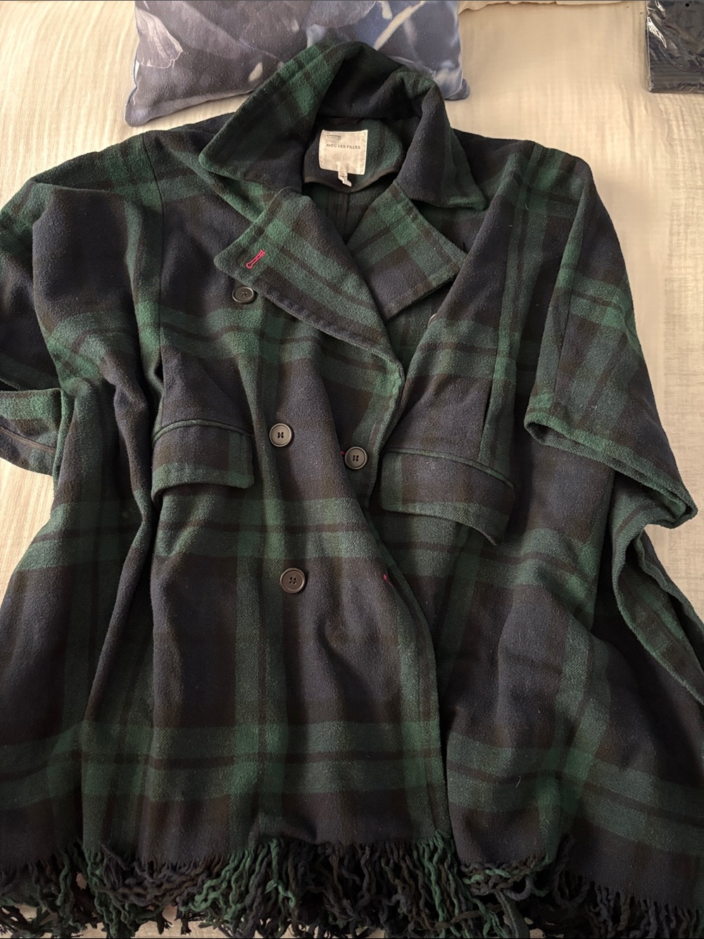 Avec Les Filles Green and Black Plaid Double-Breasted Fringe Cape